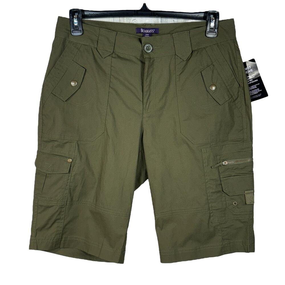Roaman’s SZ 12W Bermuda Cargo Shorts Stretch Hi-Rise Zip-Fly Lightweight Green